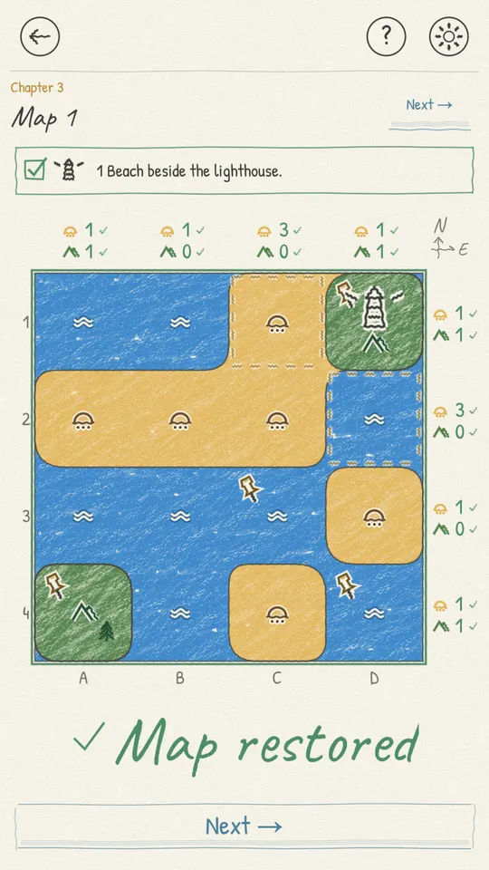 A solved survey grid marked Map restored.